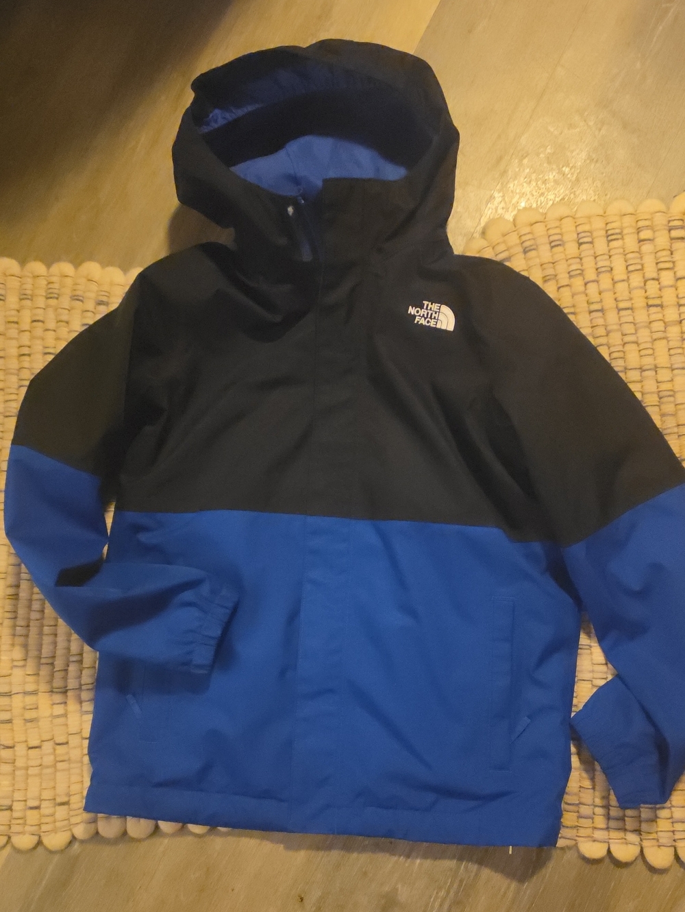 The North Face Kids' Blue and Black Hooded Rain Jacket Winter Coat Fleece Liner